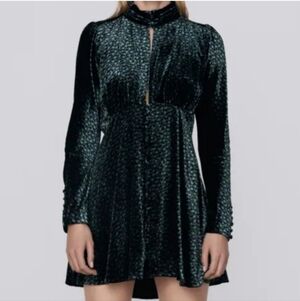 Zara Elegant Black & Peacock Blue Velvet Long Sleeve Dress Size XS